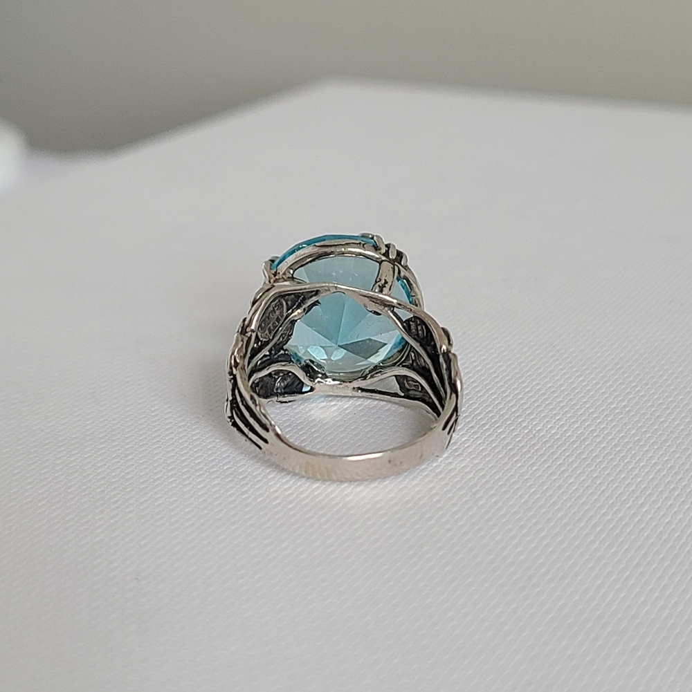 Vintage Sterling Silver Boho Chunky Blue Topaz Solitaire Floral Statement Ring - Picture 7 of 14